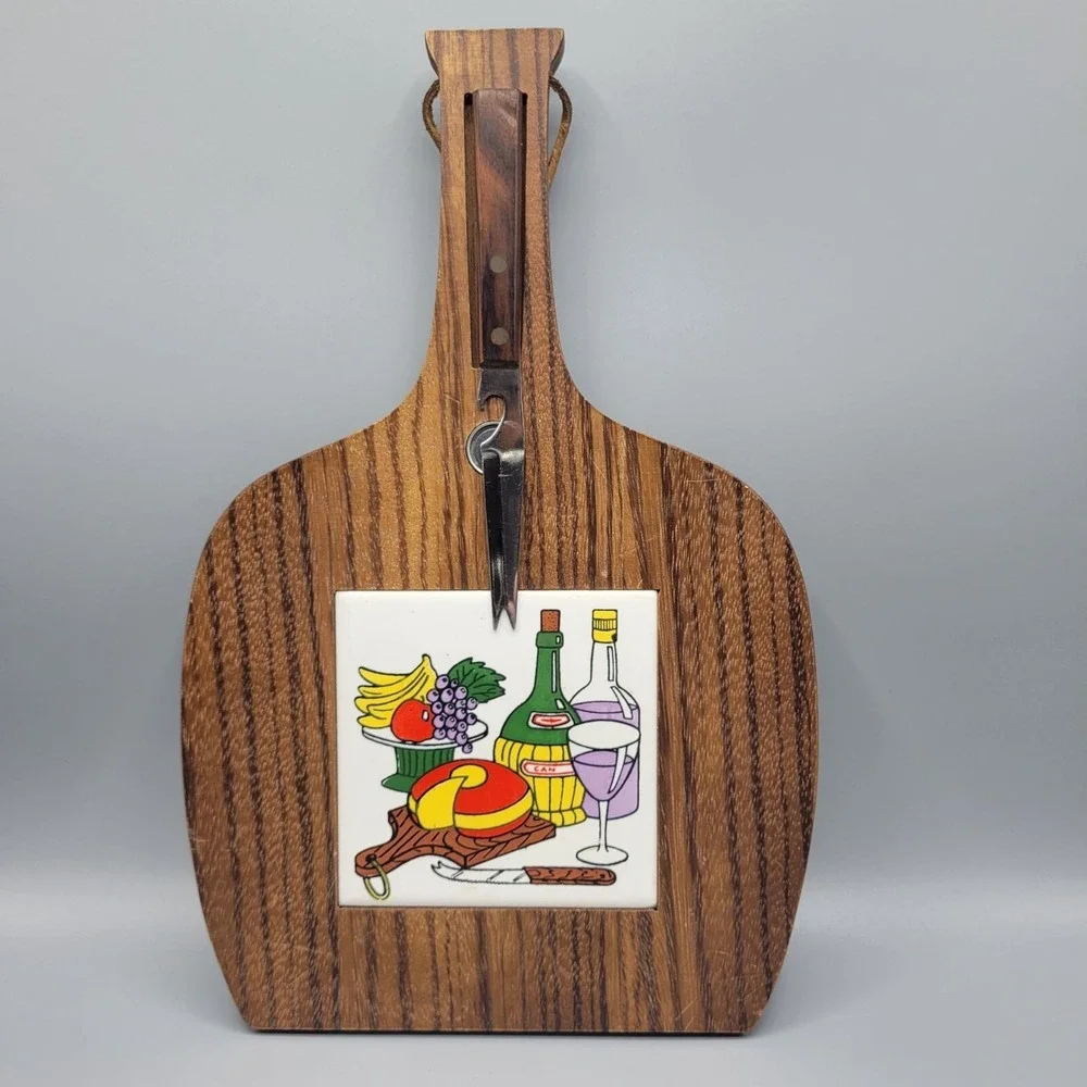 Vtg Cheese Fruit Cutting Board Ceramic Tile Trivet Inlay Magnetic Knife Japan